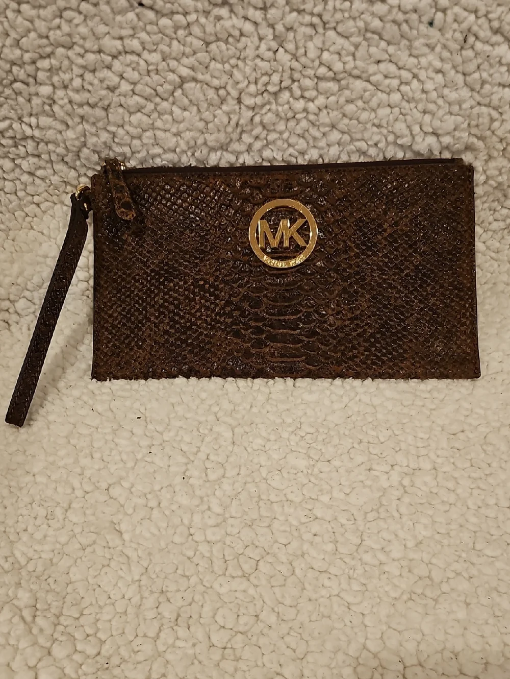 Michael Kors Dark Brown Embossed Python Wristlet with Gold Logo - Picture 1 of 3